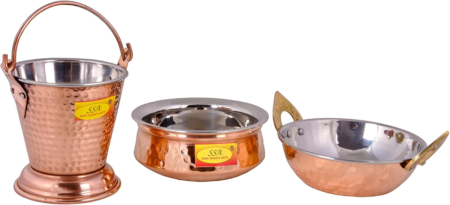 Shiv Shakti Arts® Copper Tableware Serving Set Inside Steel | Serware Set |Dinnerware Combo Set | (1 Copper Bucket, 1 Copper Kadhai, 1 Copper Handi),3 Pieces Set(No - 1)