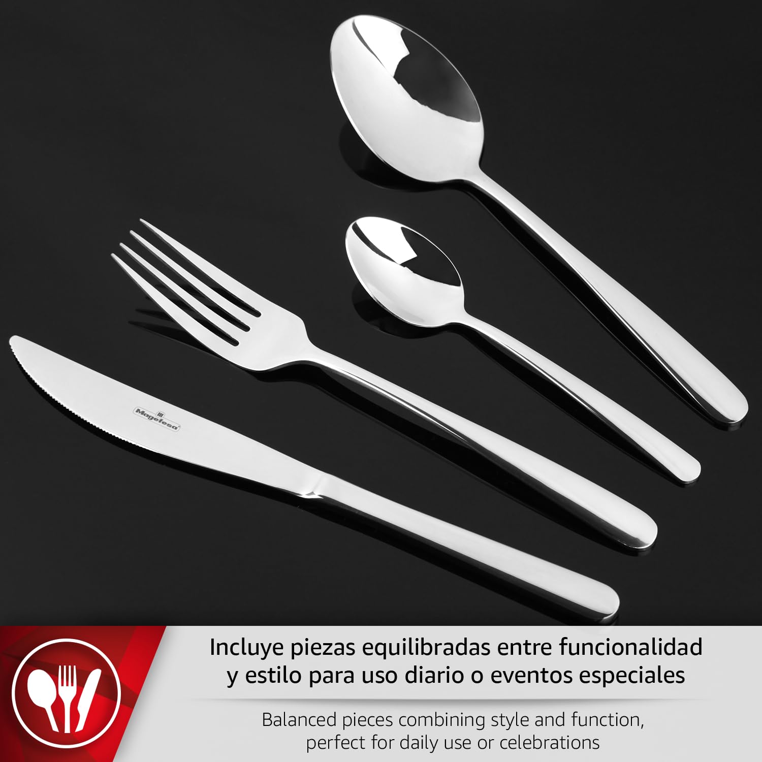 Magefesa Vera - Ménagère 24 pièces, 6 cuillères, 6 fourchettes, 6 couteaux de table, 6 cuillères à café/thé, acier inoxydable, pour 6 convives