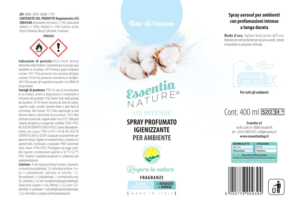 ESSENTIA Le nuvole, Profumo Igienizzante Spray per Tessuti e Superfici + Air Intense, Spray Profumato per Ambiente | Fior di Cotone
