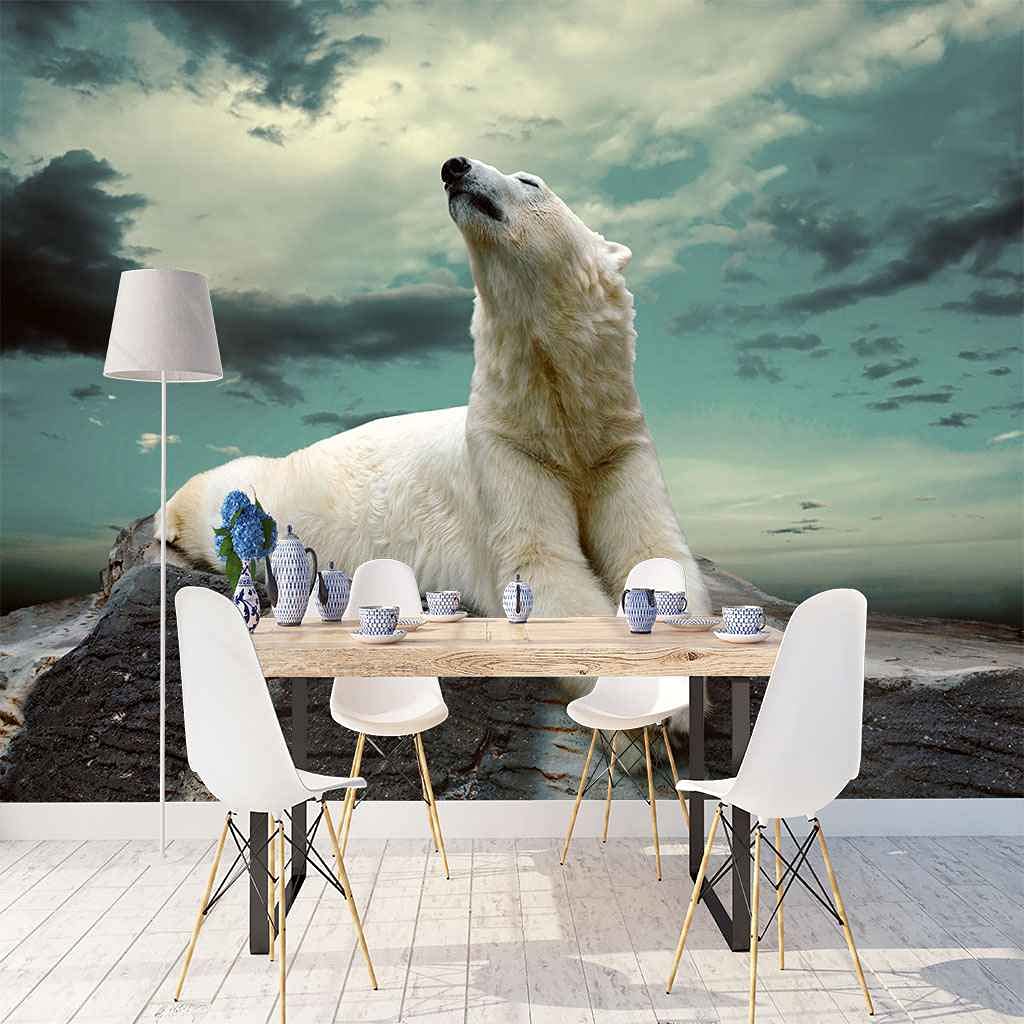 Papier peint 3D loup blanc en canevas haut de gamme pour décoration murale