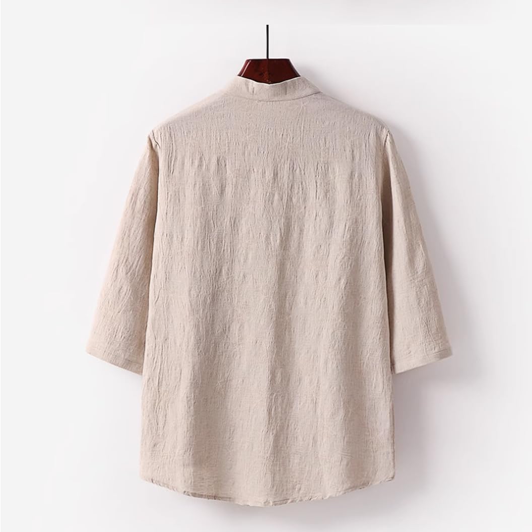 Costume De Kung Fu en Coton Et Lin Ample À Manches Courtes pour Hommes - Vêtements De Tai Chi Chinois À Manches Longues,Apricot-X-Large