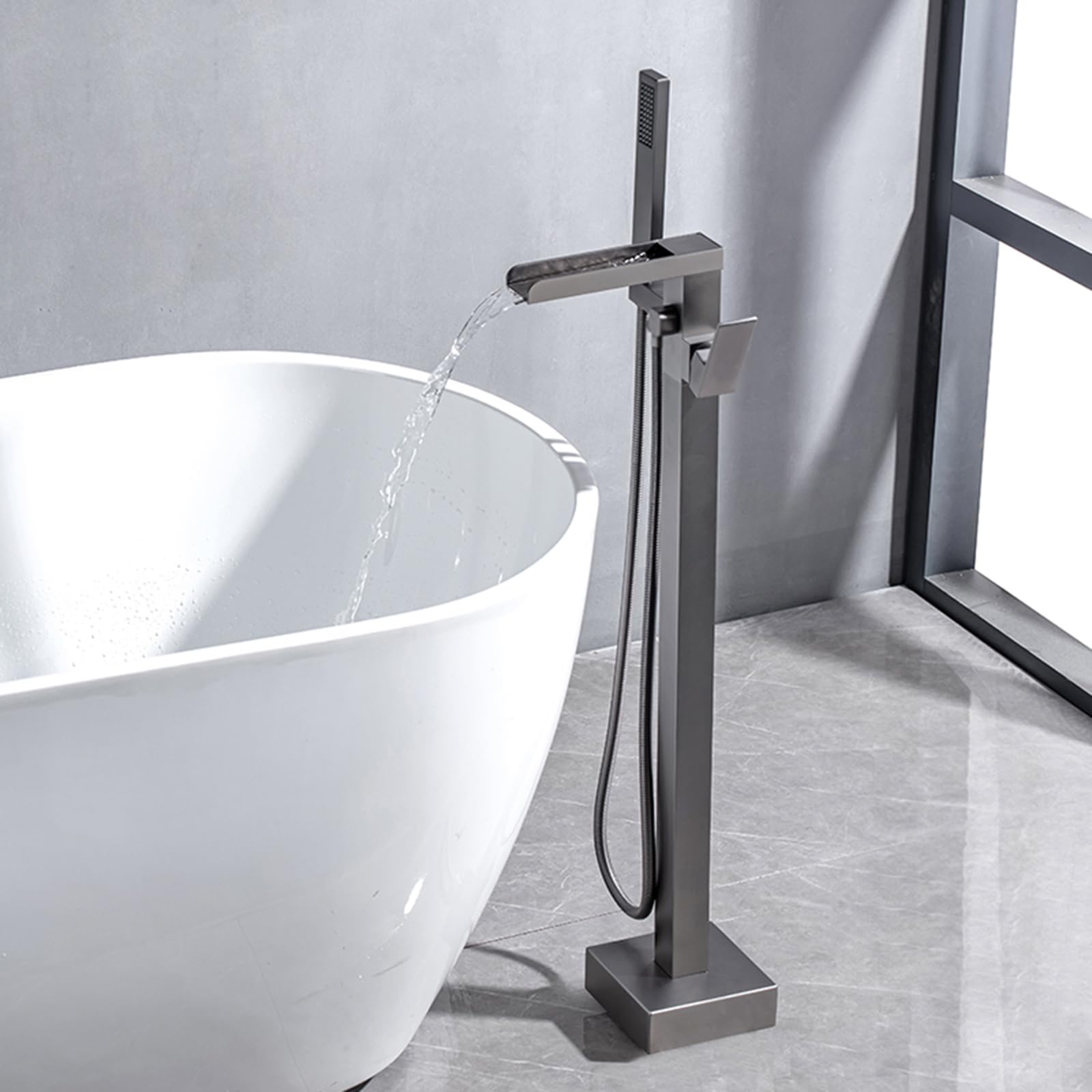 Grifo Mezclador de Bañera Y Ducha Grifo de Bañera Independiente Cascada Monomando 2 Funciones Conexión A La Pared Agua Fría Y Caliente Grifo de Bañera de Pie Gris