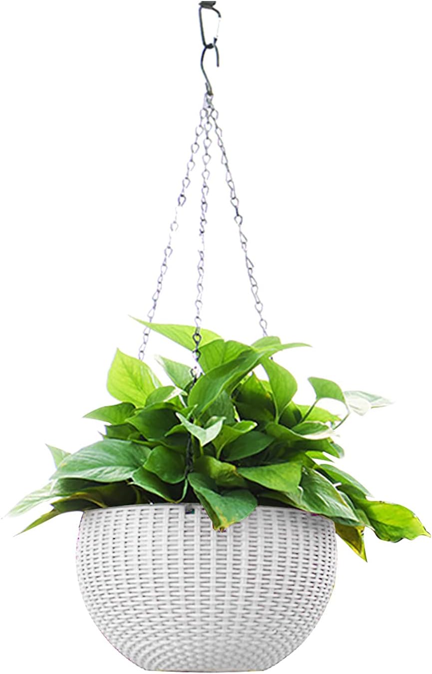 MORITIA Self Watering Hanging Planter for Indoor and Outdoor, Wicker Design Plant Basket with Chain and Water Level Indicator Gauge, 10 inch in Diameter (White)