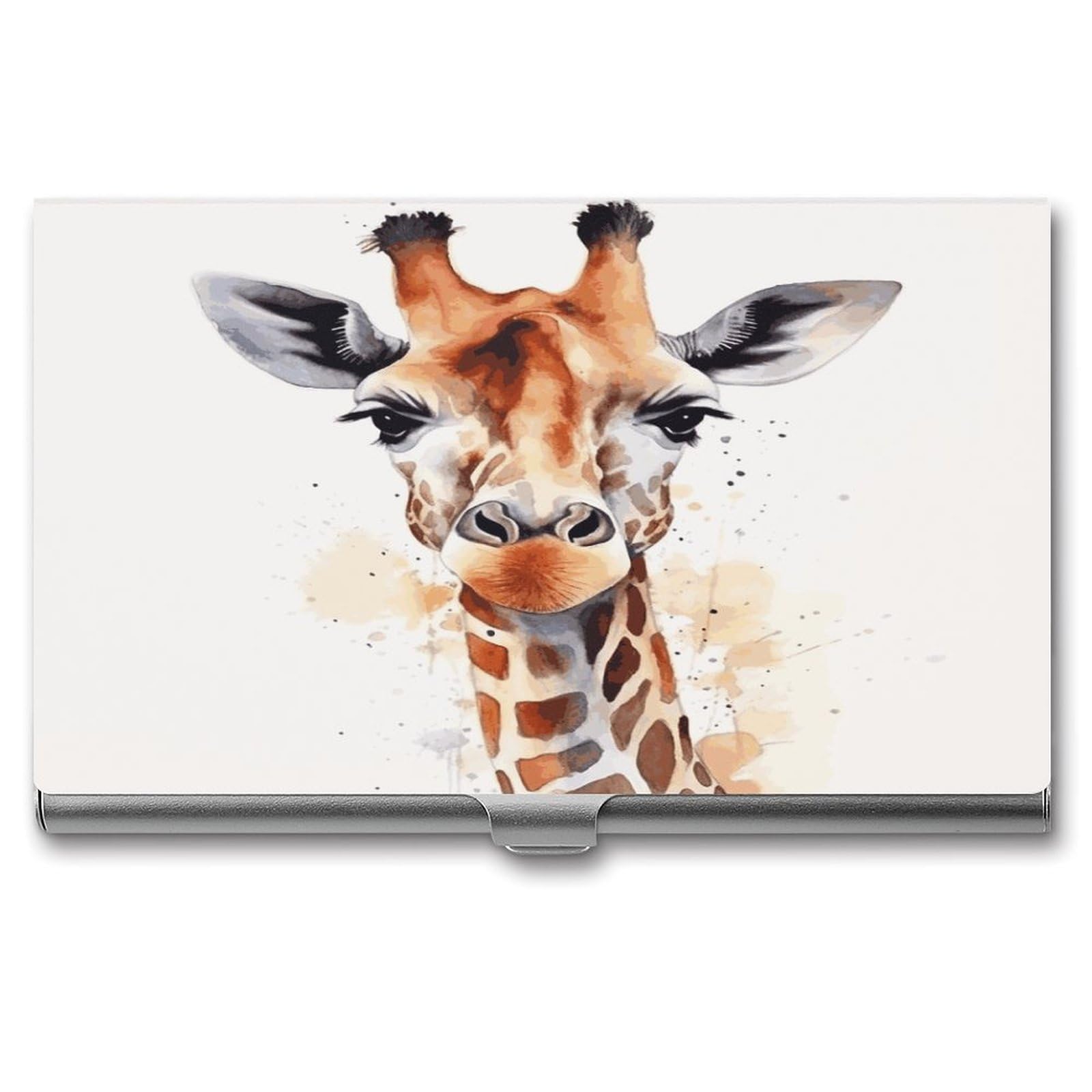 LDGSUPH Stylish Animal Watercolor Giraffe Business Card Holder Fashion Slim Name Card Holder Minimalist Design Case Metal Card Carrier Personalized Business Card Case with Flip for Men Women