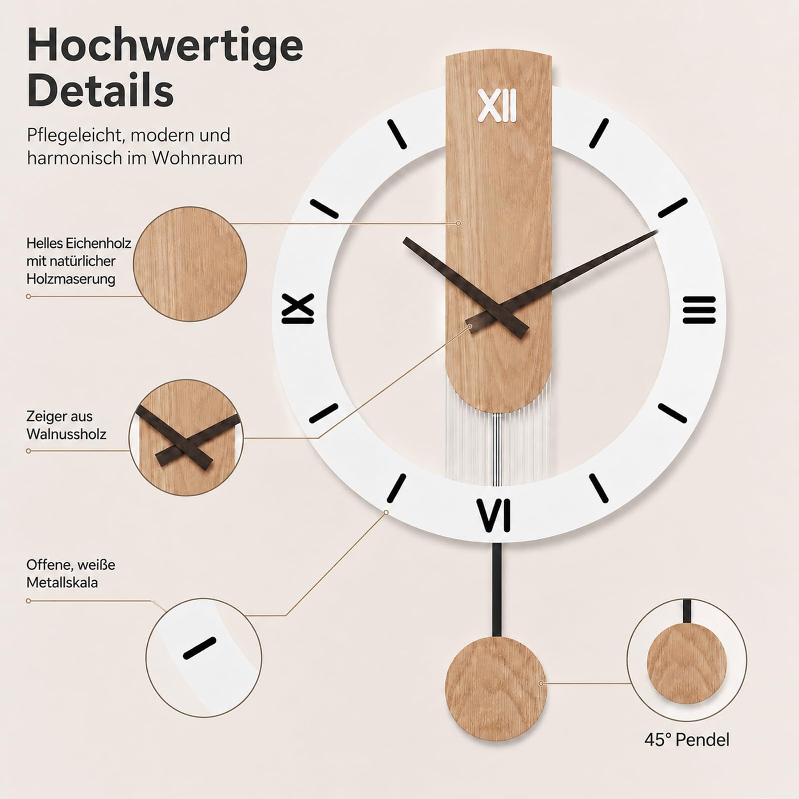 LANMOU Wanduhr Holz mit Pendel, Pendeluhr Moderne Leise Ohne Tickgeräusche | Metallrahmen, weißes Display, Quarzwerk und Innenbereich-Einsatz für Wohn-, Schlaf-, Ess- und Arbeitszimmer