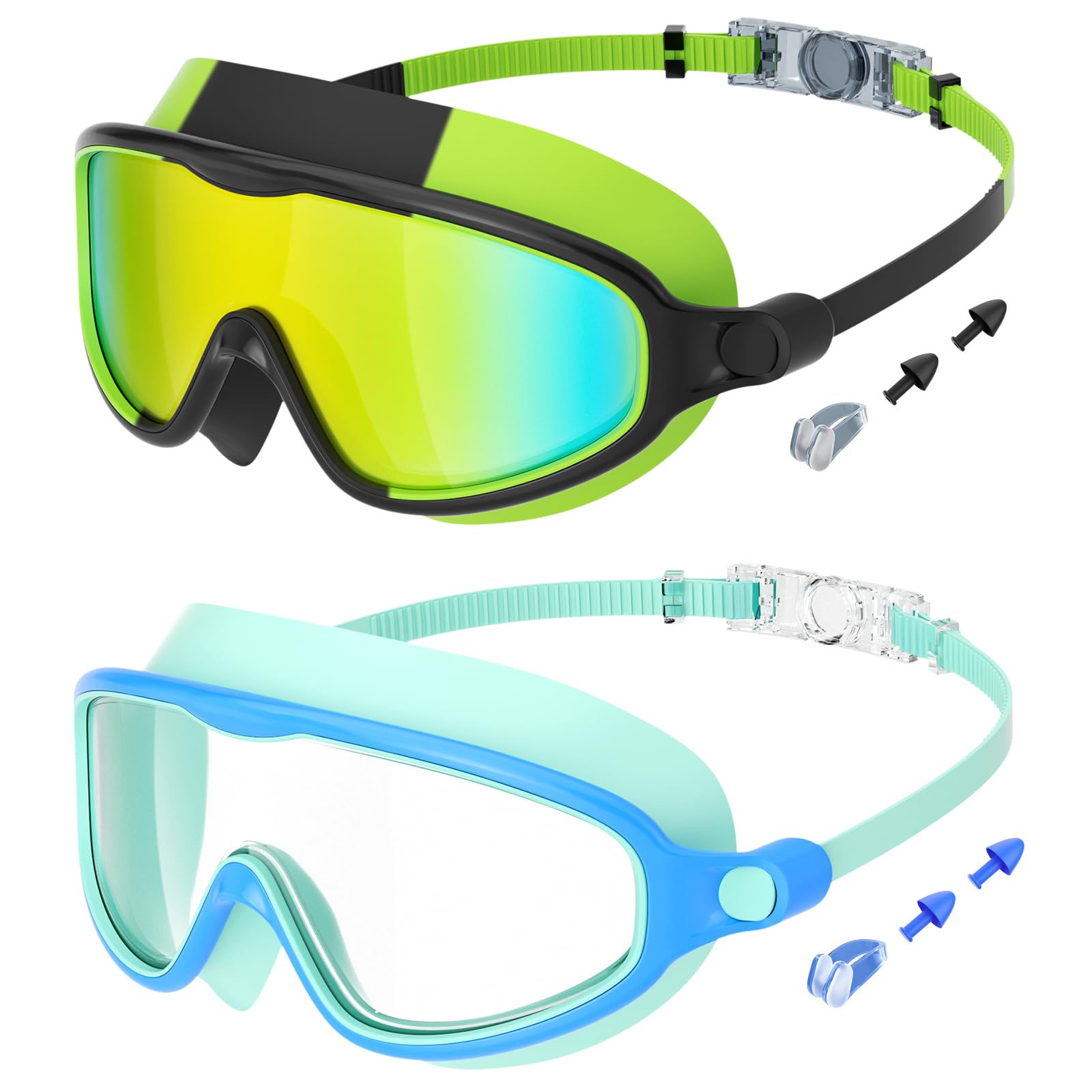 LadJarr 2 Pack Kids Swimming Goggles Wide Vision Swim Goggles with Ear Plugs Nose Clip Anti Fog UV Protection No Leakage Clear Vision for Children Early Teens (Macar Green & BlackGreen)