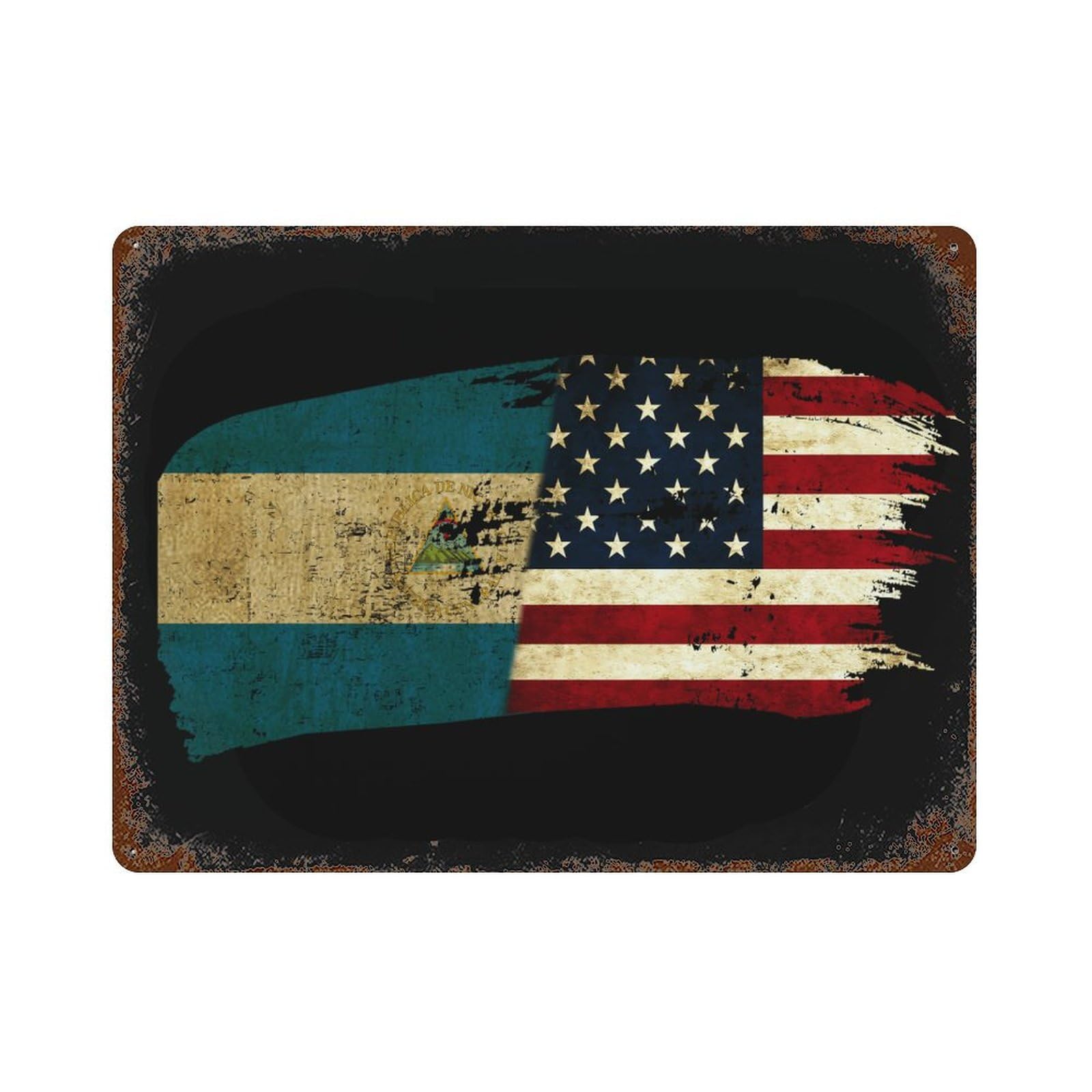 KWQDOZF Nicaraguan America Flag Theme Metal Tin Sign,Vintage Iron Hanging Plate Horizontal with Rust Poster Wall Decor 12x16inch