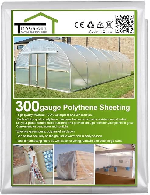 Diy home Greenhouse Polythene Sheeting 75 Micron/ 300 Gauge Polytunnel Cover Waterproof Plastic Sheeting, Insulation, Flooring, Farming, Garden (2x 5m, 300g)