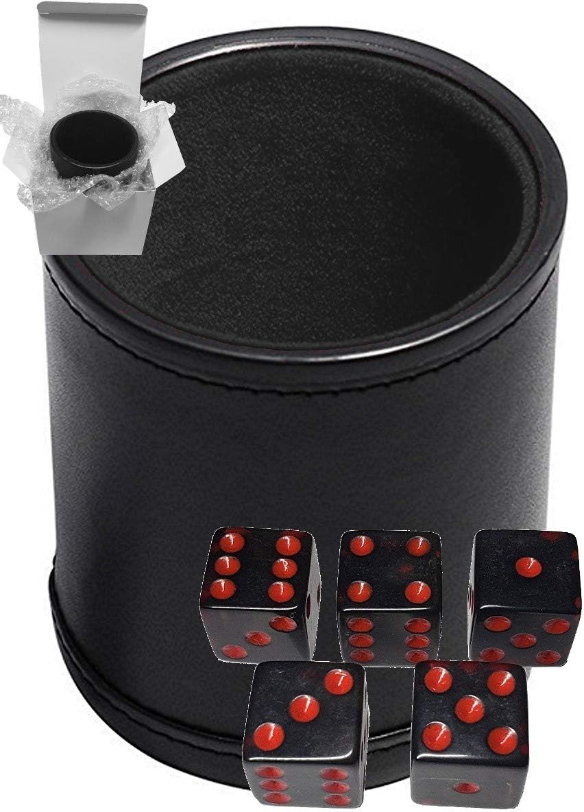 Cyber-Deals Set of 16mm Transparent Squared Corners Dice and Black PU Leather Dice Cup Plush Velvet Lined - Gift Boxed (Smoke/Red, Black Lining Cup)