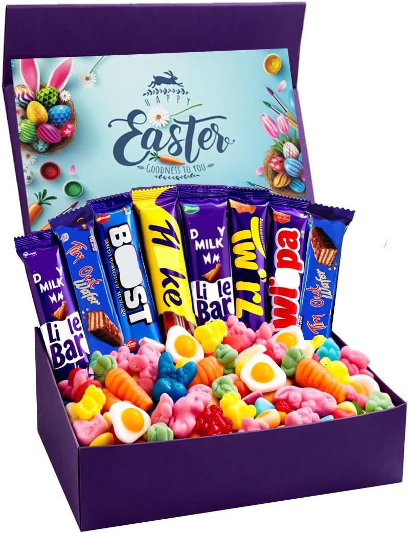 Easter Chocolate Hamper Easter Gift Chocolates Box – 8 Chocolate Bars 300g Easter Sweet Mix in Magnetic Purple Gift Box – Festive Treat Selection for Kids Family Friends