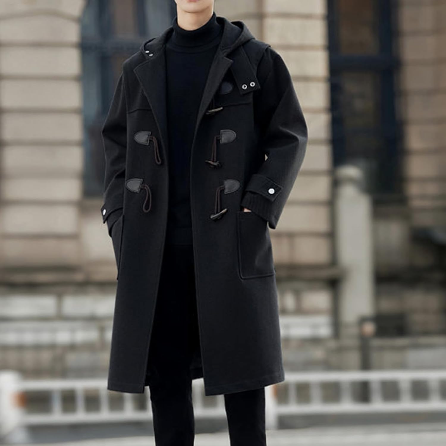 Men's Wool Toggle Duffle Coat Long Sleeve Pocket Hoodies Winter Coat with Leather Buckles Oversized Walking Overcoat - Image 3