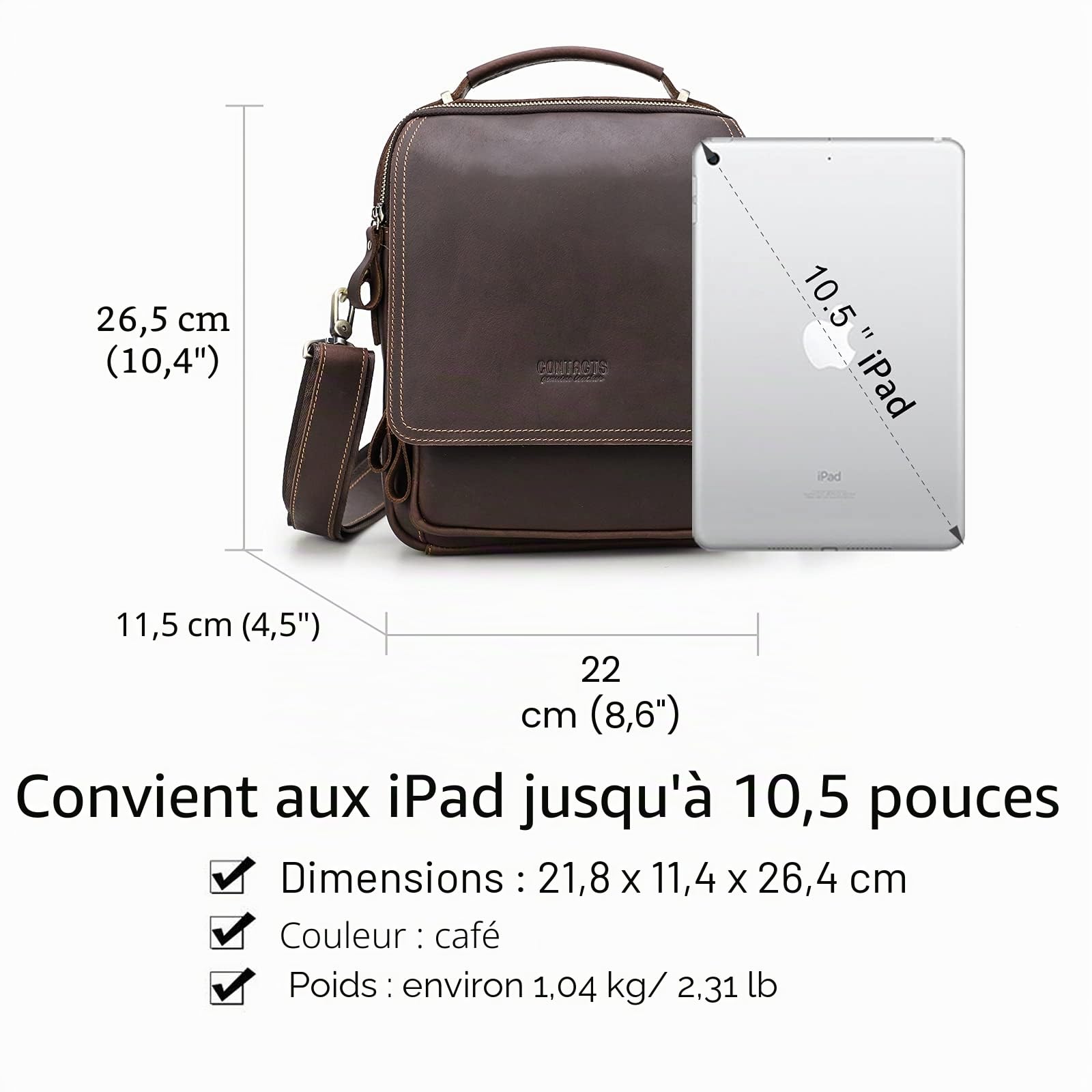 Contacts Sac à bandoulière en cuir pleine fleur pour homme - Convient aux tablettes de 9,7" - Pour le travail, le bureau, les affaires, les sacs à main avec porte-clés et porte-cartes