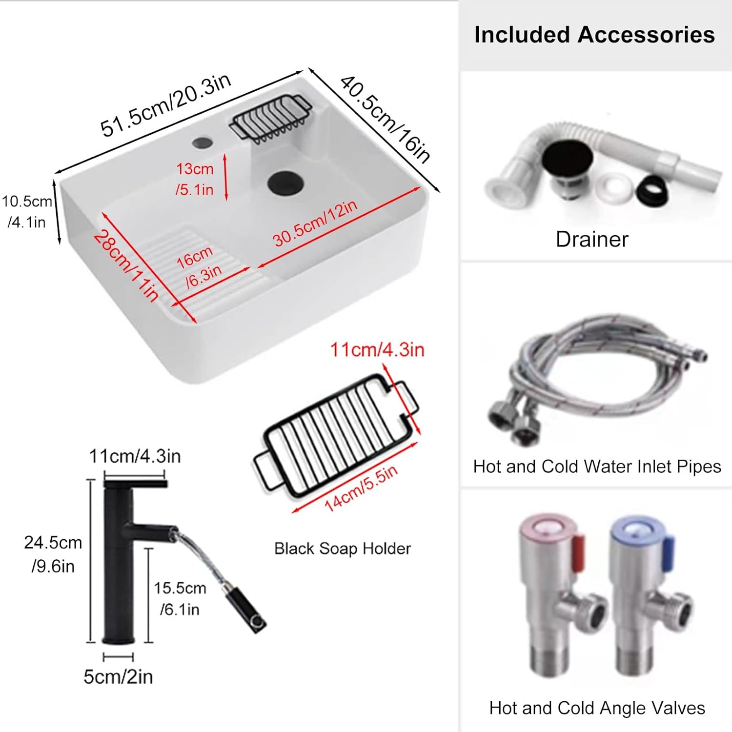 Laundry Room Utility Sinks Bathroom Undermount Sink with Washboard Faucet and Soap Holder Modern Ceramic for Laundry Room Balcony Bathroom(51.5x40.5x10.5cm/20.3x16x4.1in)