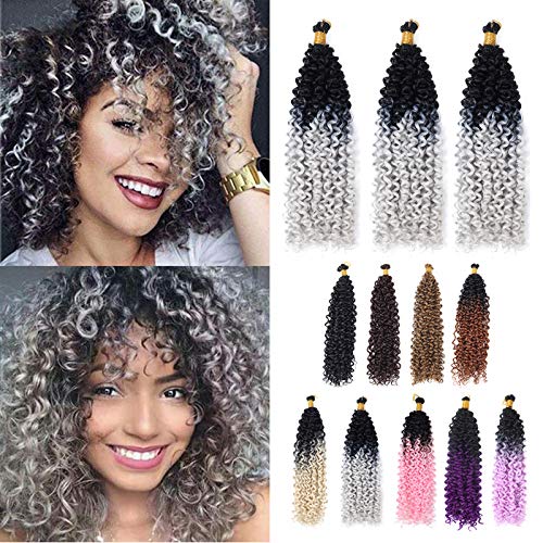 Crochet Curly Hair Extension Black to Grey Water Wave Crochet Hair Curly Braiding Hair Curly Crochet Hair For Black Women Marlybob Crochet Hair (14 Inch 3PCS Black to Grey)