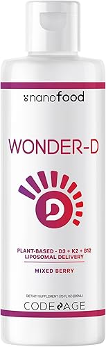 Codeage Liposomal Wonder-D, colecalciferol vegano vitamina D3 1000 UI suplemento líquido en gotas, vitaminas B12 y K2 a base de plantas,