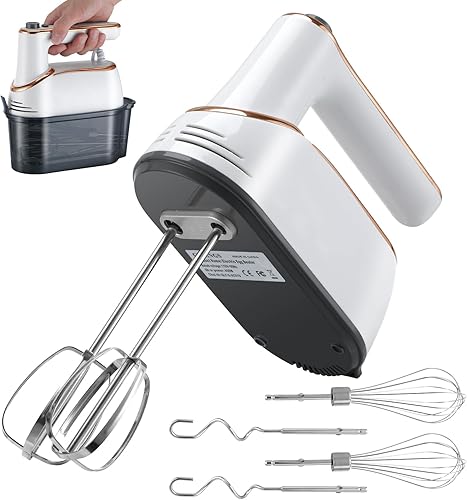 Batidora de mano, eléctrica de 5 velocidades con Turbo Boost, color blanco, motor de cobre, 400 W, accesorios aptos para lavavajillas para hornear,