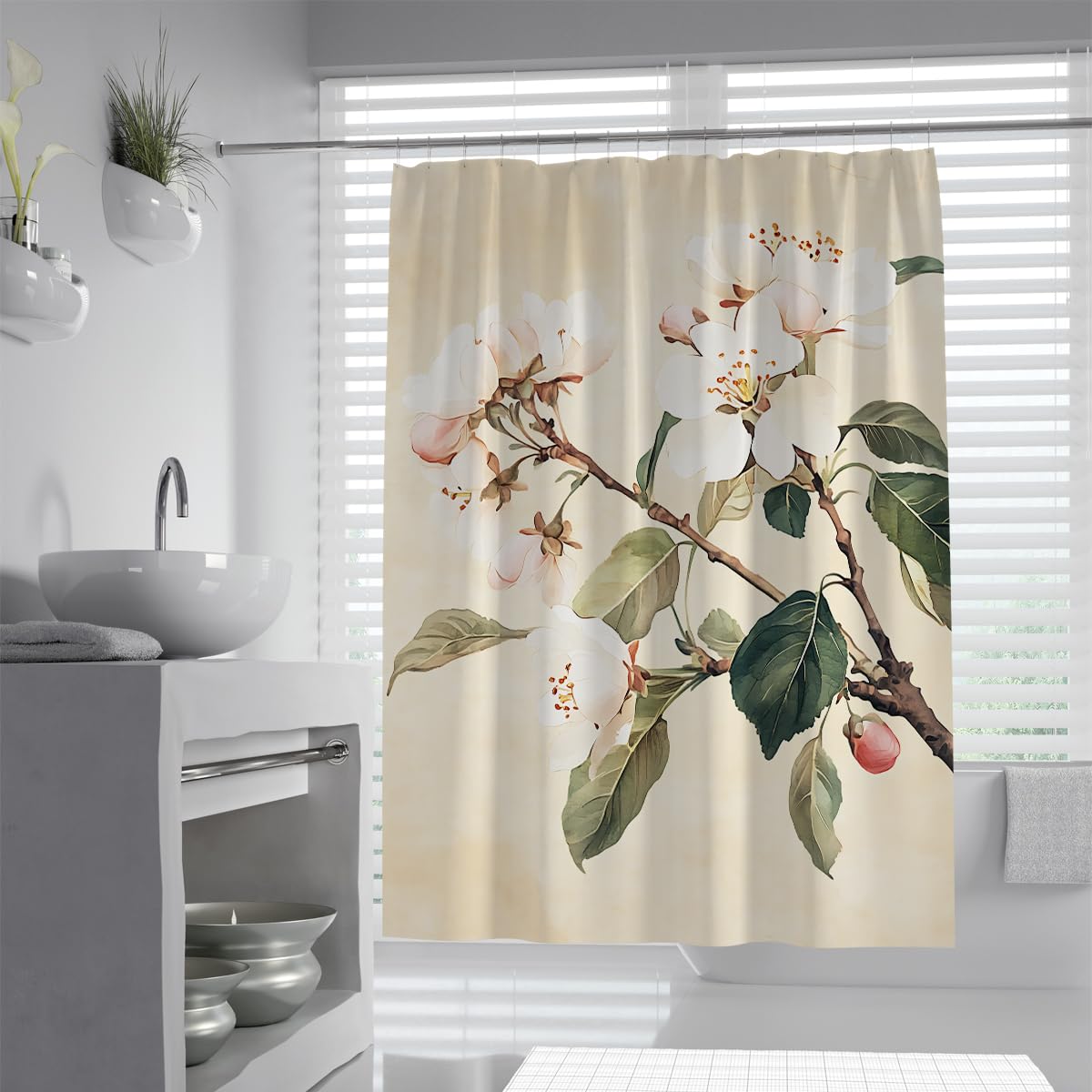 UIRINGART Classic Beige Pear Blossom Plant Tree Branch Shower Curtain W200xL200cm Antique Aesthetic Floral Pattern Fabric Water Repellent Anti Mould Bathroom Curtain For Tub