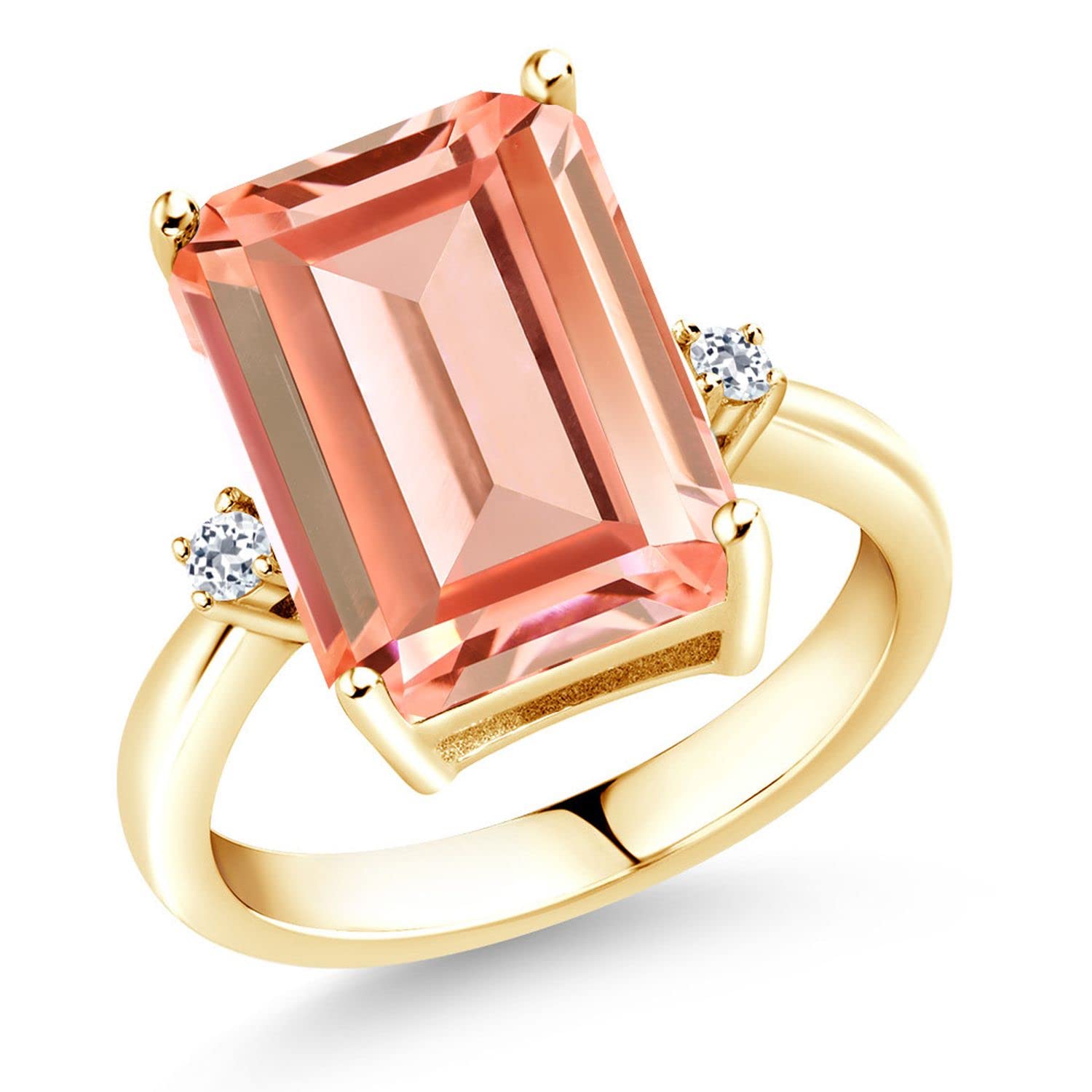 Gem Stone King 18K Yellow Gold Plated Silver Peach Nano Morganite and White Topaz Ring For Women | 6.38 Cttw | Emerald Cut 14x10MM | Gemstone October Birthstone | Size 5, 6, 7,...