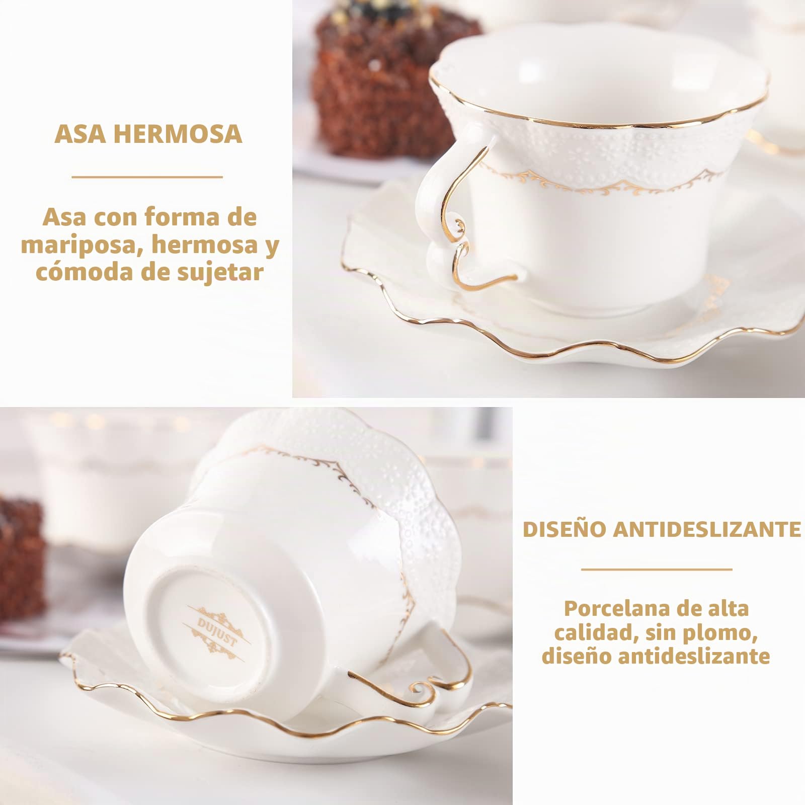DUJUST Juego de 6 tazas y platillos (200 ml), taza de lujo con ribete dorado, tazas con estampado en relieve, juego de porcelana real británica para fiesta de té - blanco