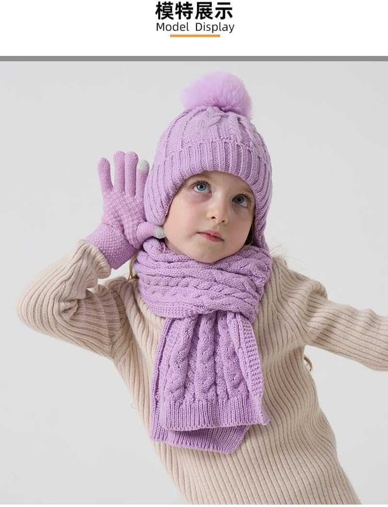Kids Striped Knit Set Winter Hat Neck Warmer Mittens