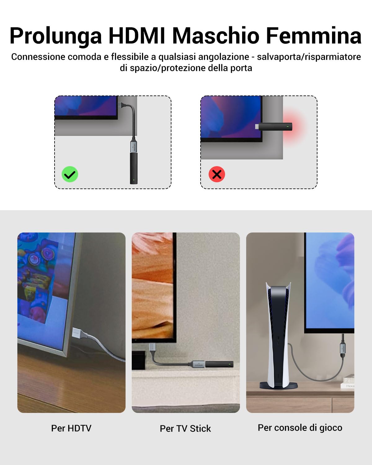 VCELINK Prolunga HDMI 2.1 Maschio-Femmina, 18 cm, Supporto 8K@60Hz / 4K@120Hz, Compatibile con TV Stick, Console e Laptop, 1 Pezzo