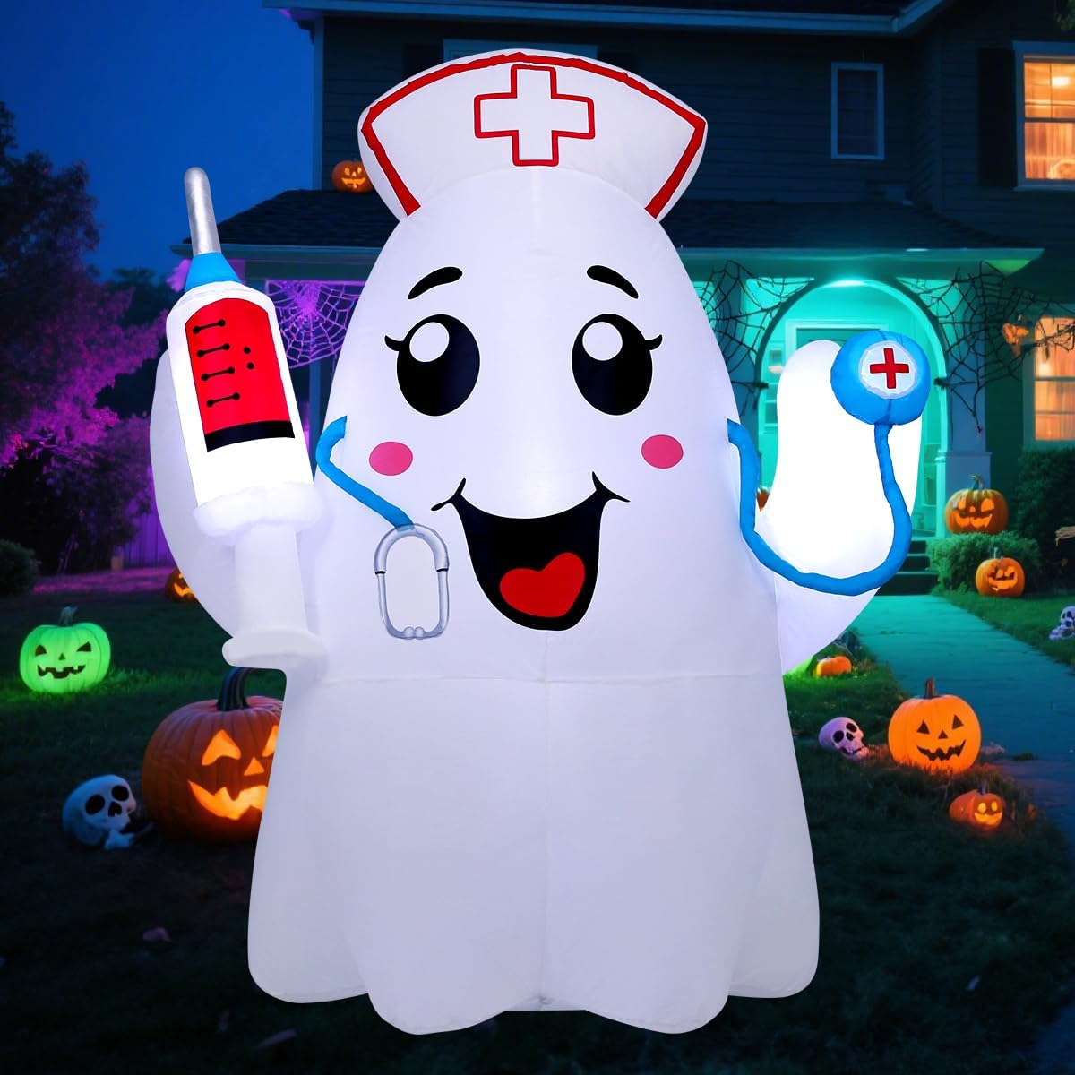 GOOSH 5FT Halloween Inflatables Ghost Outdoor Decoration Blow Up Yard Cute Nurse Ghost with Built-in LEDs for Indoor Party Garden Lawn Holiday Decor