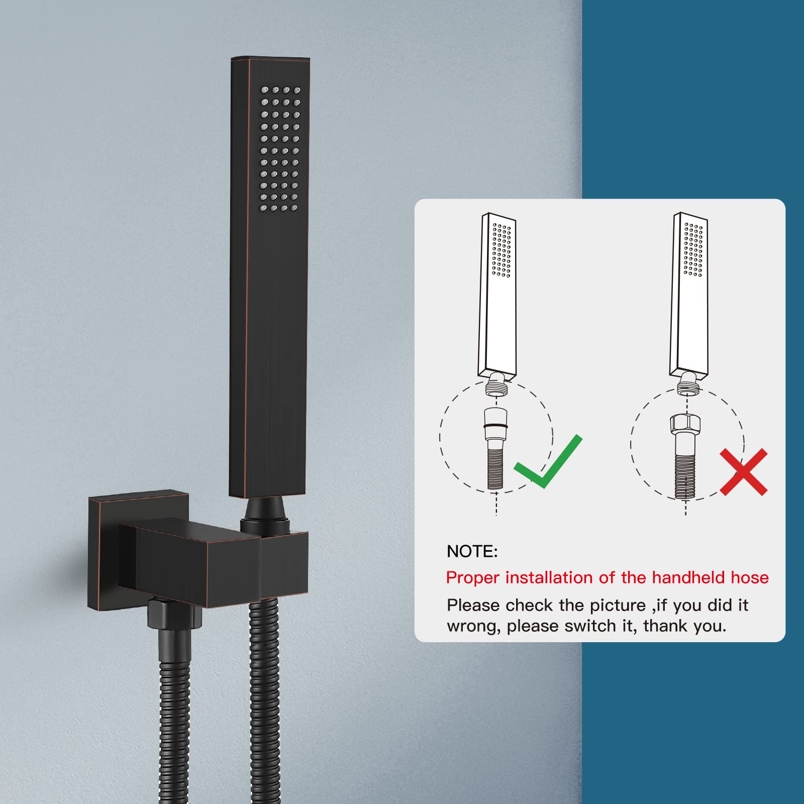 Ducha de Mano Cuadrada de Bronce aceitado SUS304 de Acero Inoxidable de Alta presión con Conector de Pared, Soporte de Ducha y Manguera de Ducha Flexible de 60 Pulgadas.