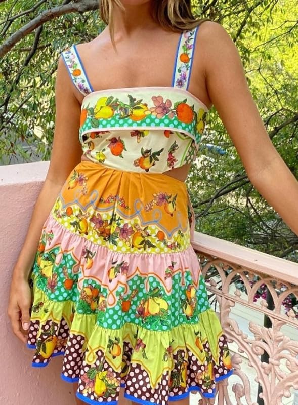 Image of ROAONOCOMO Women Boho Graffiti Cami Mini Dress Spaghetti Strap Printed A Line Short Dress Cute Colorful Sundress