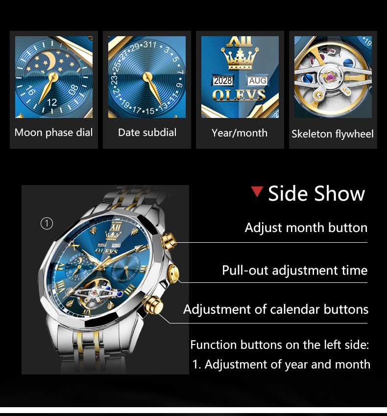 Image of OLEVS Men's Watches Automatic Self Winding Skeleton Blue Big Face Mechanical Business Luxury Gift Tourbillon Calendar Wrist Watch