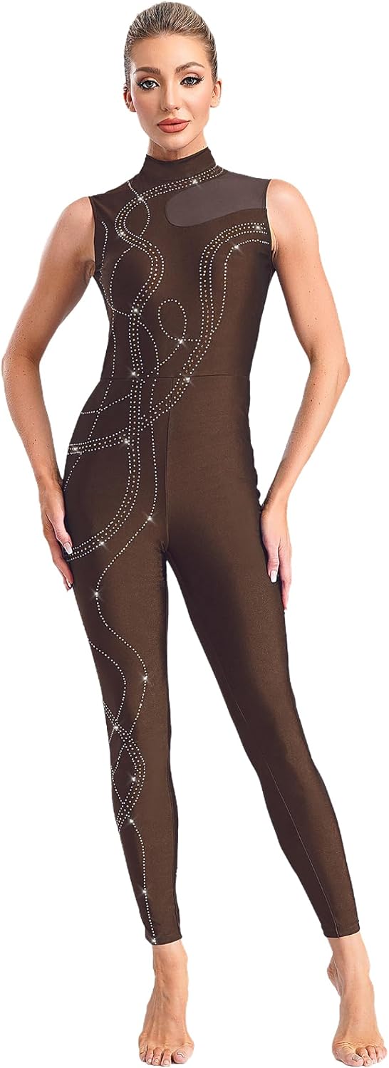 Women Sparkly Rhinestones Gymnastics Leotard Unitard Sleeveless Figure Ice Skating Jumpsuit