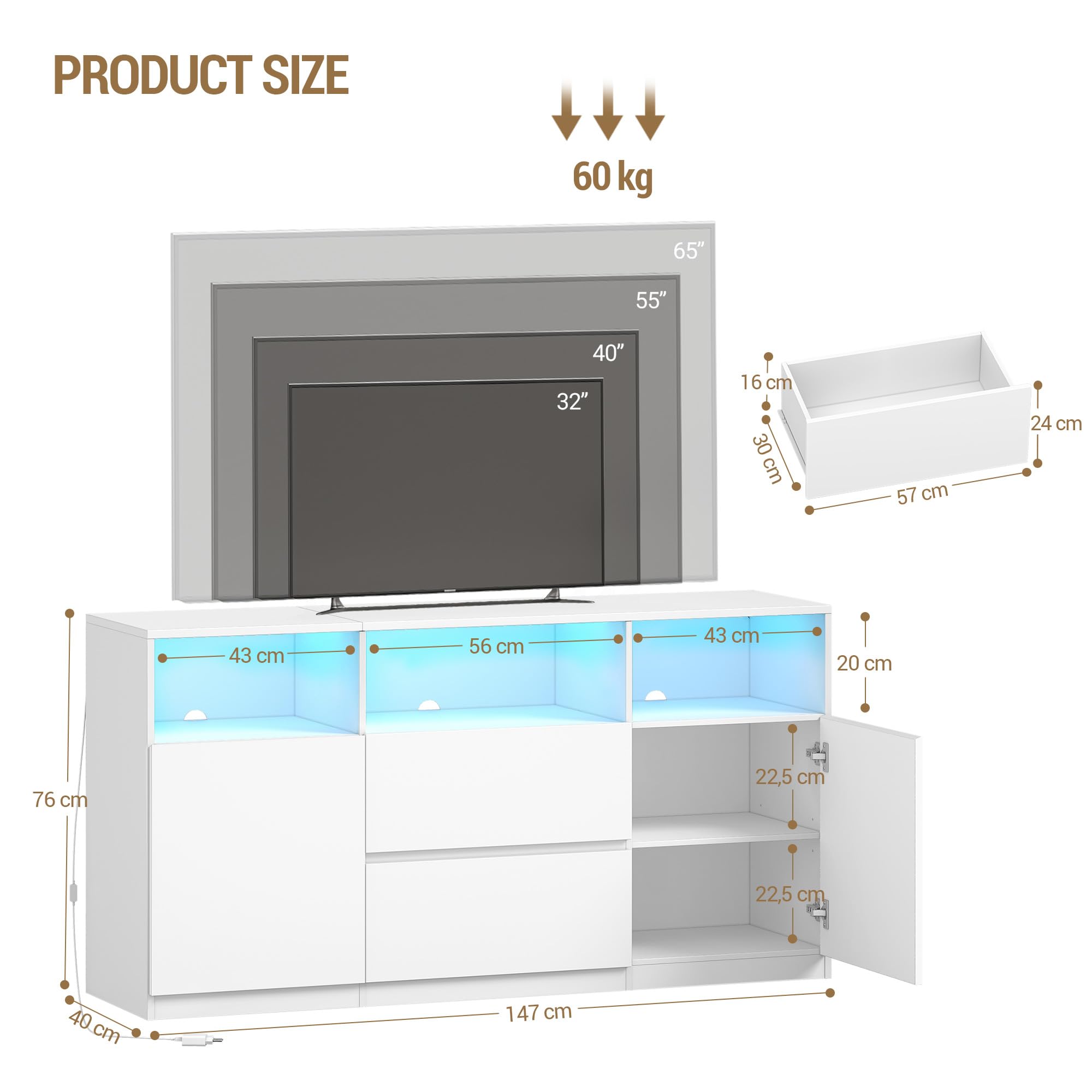 Hzuaneri Mueble de TV, Mesa de TV de hasta 65 Pulgadas, con Luces LED, 2 Cajones, 2 Gabinete y 3 Compartimentos, 147 x 40 x 76 cm, para Salón, Dormitorio, Blanco TV17003XEU