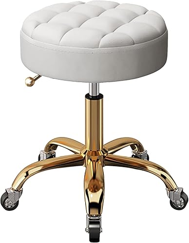 FAJOS - Taburete de bar con ruedas, silla giratoria redonda ajustable de 17.7-23.6 in, taburete de trabajo de salón de belleza, metal titanio dorado