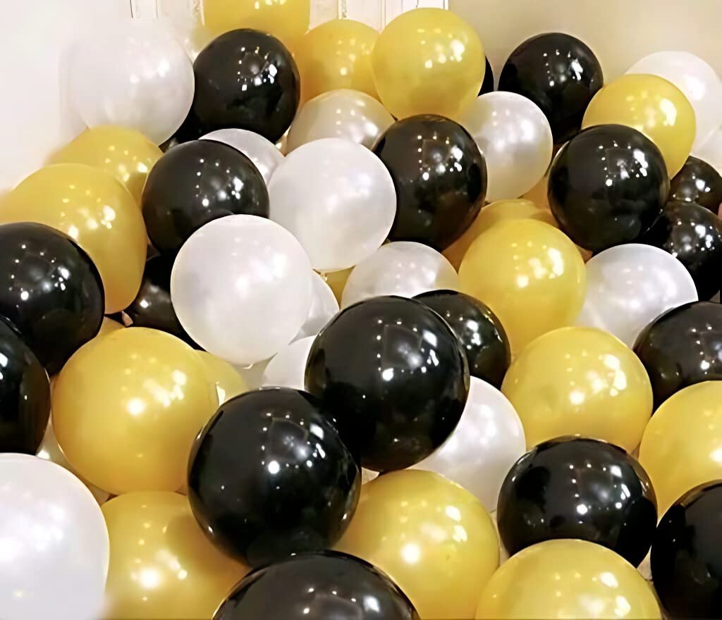 Flyloons Golden Black White Balloons Pack of 50 for birthday decoration items also suitable for Anniversary, Wedding, Celebration, Party