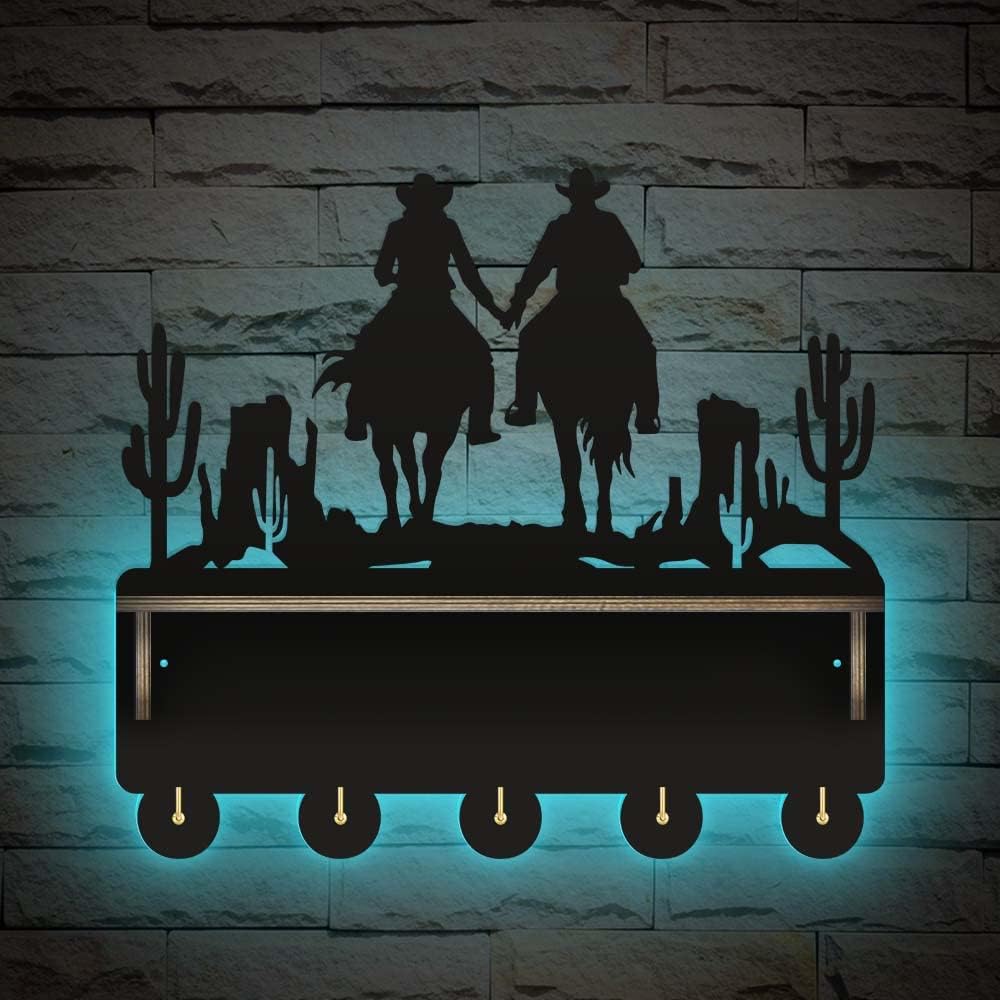 The Geeky Days Cowboy and Cowgirl Silhouettes LED Neon Light Sign Luminous Coat Hanging Rack with Display Shelf Desert Cactus Cowboys Love Rustic Key Hanger Holder Western Home Décor