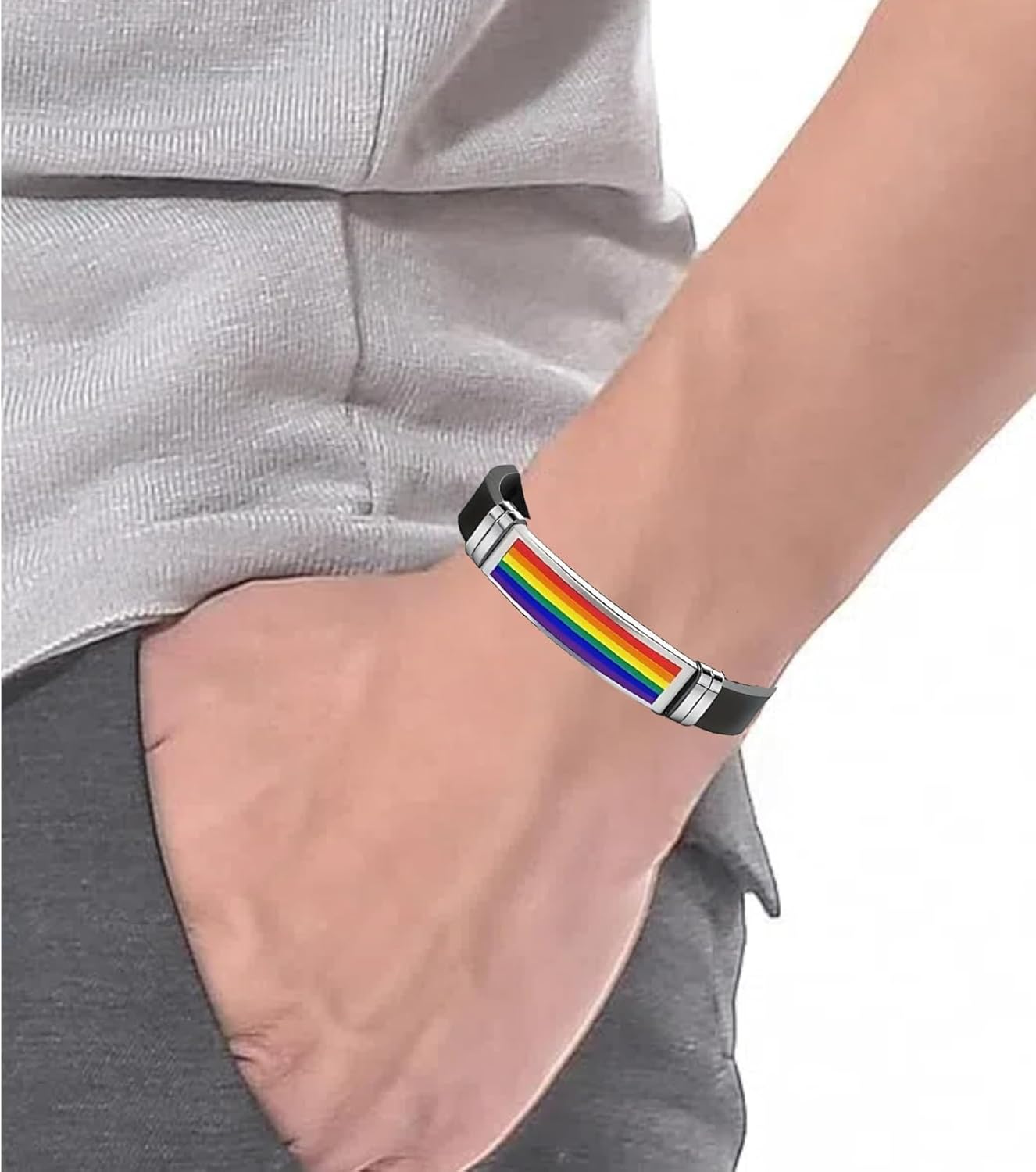 2 Pack Rainbow Bracelet, LGBTQ Pride Wristbands Stainless Steel & PU Leather, Adjustable Bracelet, Ideal Pride Month Gift - Image 6