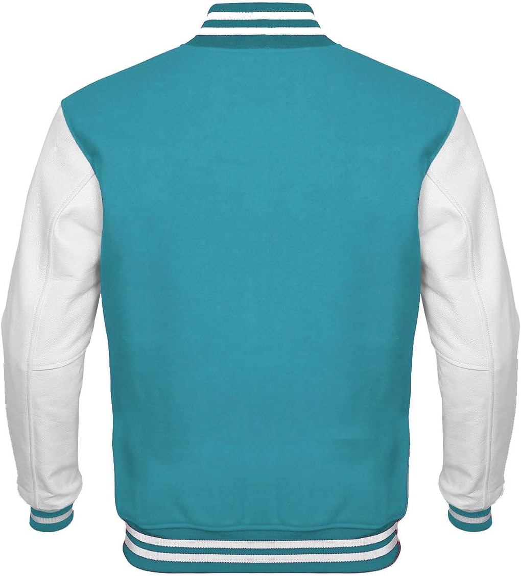 Men’s Classic Varsity Jacket Tiffany Wool Body with White Genuine Leather Sleeves