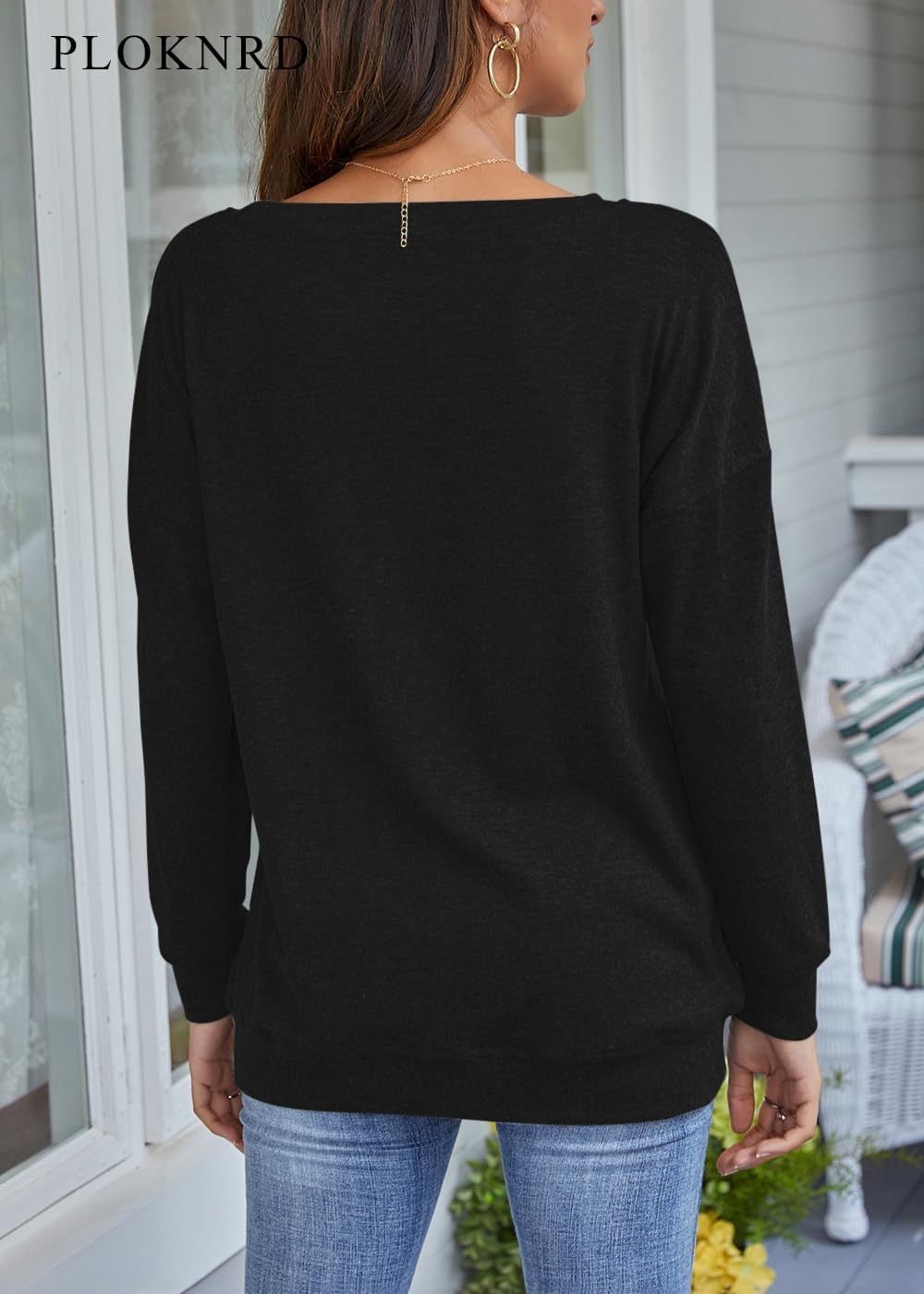PLOKNRD Women Casual Round Neck Long Sleeve Fit Tunic Top Baggy Comfy Blouse with Pockets - Image 5