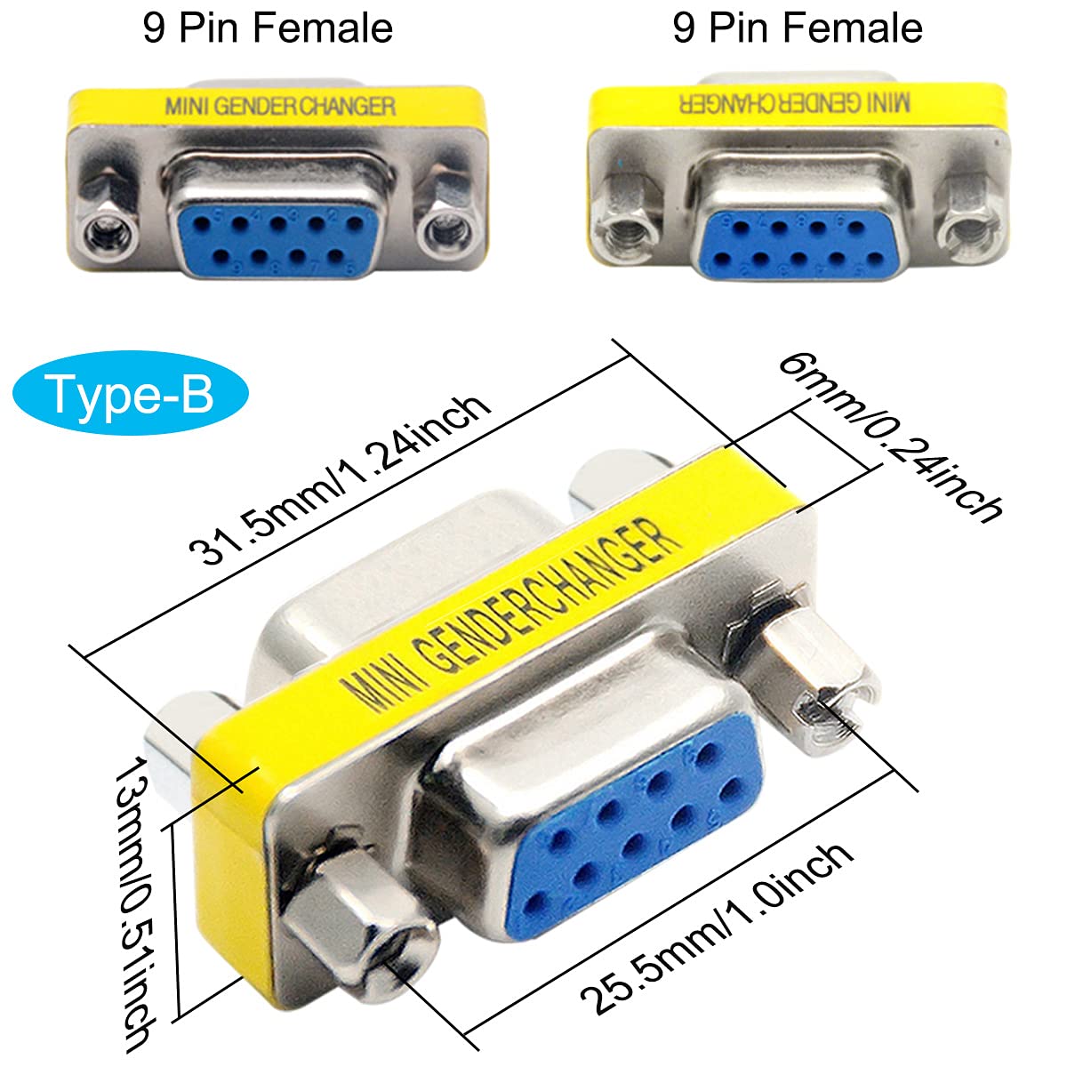 6 szt. DB9 męski do męskiego/żeńskiego do żeńskiego, RS232 Gender Changer, 9-pinowy adapter do transmisji danych szeregowych