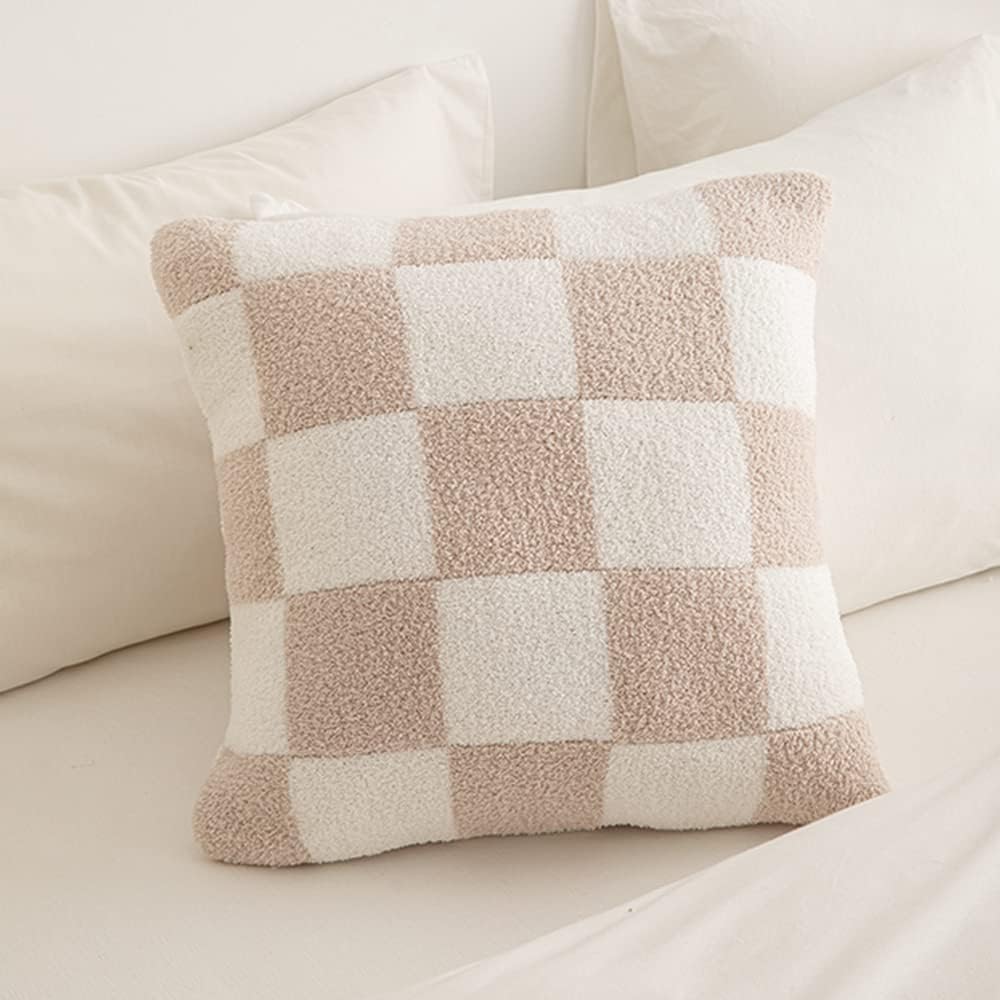 NIDITW Set of 2 Ultra Soft Khaki Checkerboard Throw Pillow Cover Microfiber Chessboard Gingham Cushion Case Cozy Fuzzy Checkered Pillowcase Decor for Home Sofa Couch 18x18 Inches (1-Khaki)