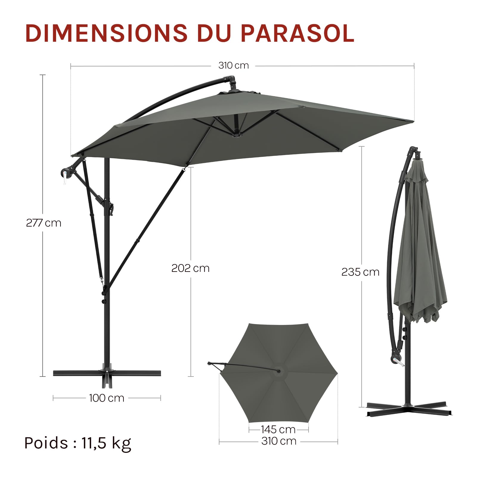 WOLTU Parasol Cantilever, Parasol de Jardin Suspendu Ø 310cm, avec Protection UV, Inclinable, Portable, avec Housse, Parasol Déporté Rond pour Balcon/Jardin/Plage
