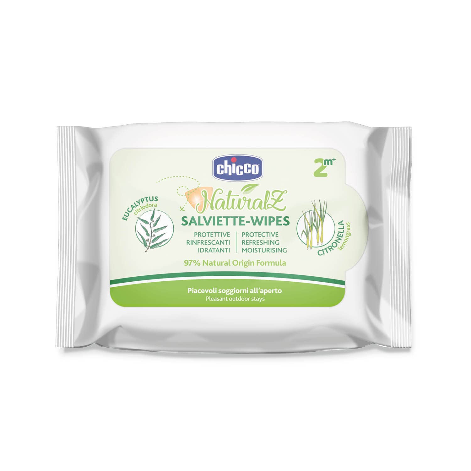 Chicco NaturalZ Chusteczki ochronne, 20 szt., Naturalna ochrona podczas sezonu letniego, z trawy cytrynowej i eukaliptusa, ochrona dnia i nocy
