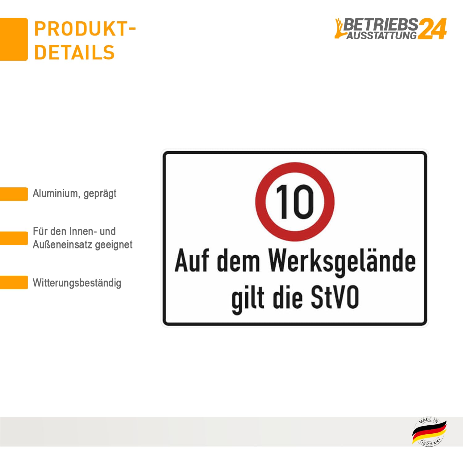Verkehrsschild "Auf dem Werksgelände gilt die StVO" 10 km/h - Aluminium, geprägt - 90,0 x 60,0 cm