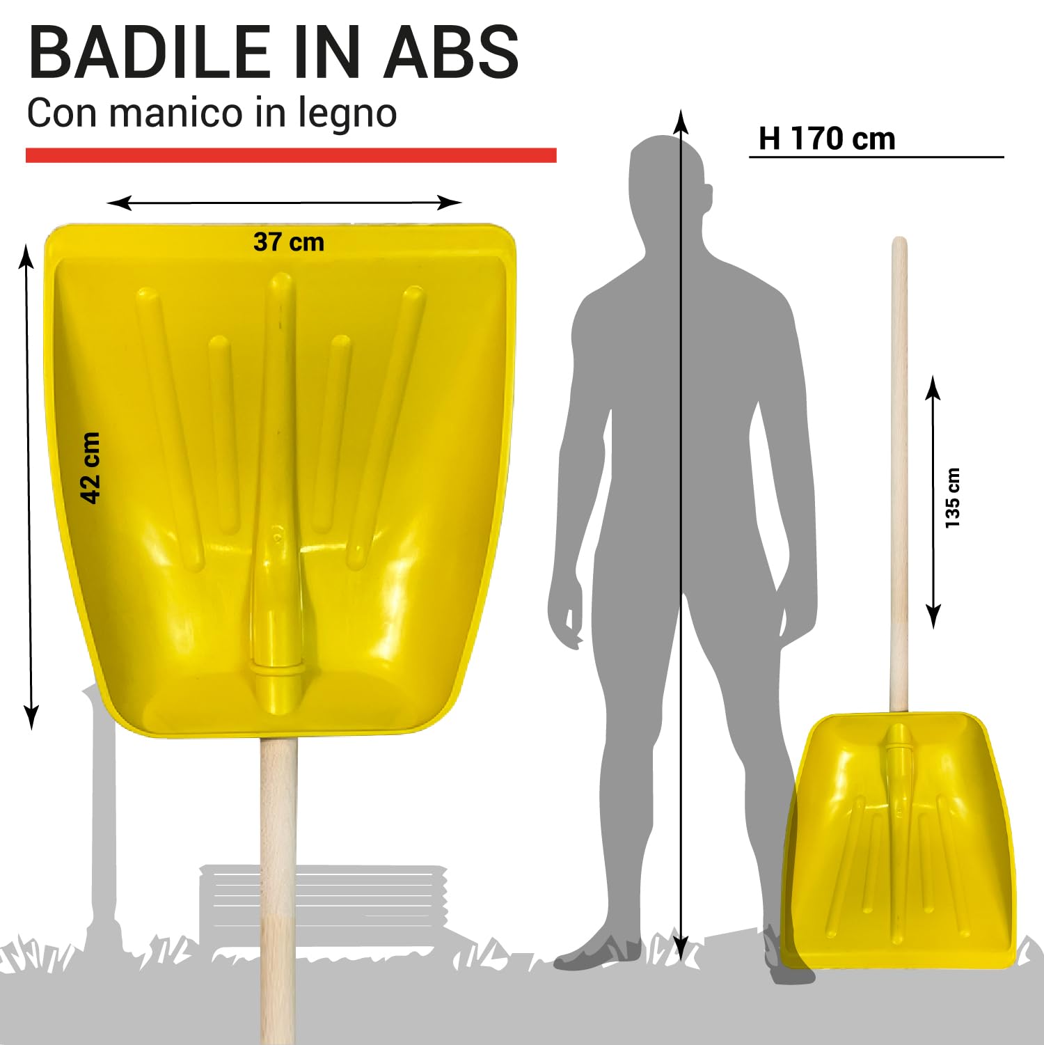 Crisalide® - Badile Super Resistente 37x42 cm con Manico in Legno - Versatile per Uso Agricolo, Giardinaggio e Lavori Pesanti, Multiuso, Pala da Neve