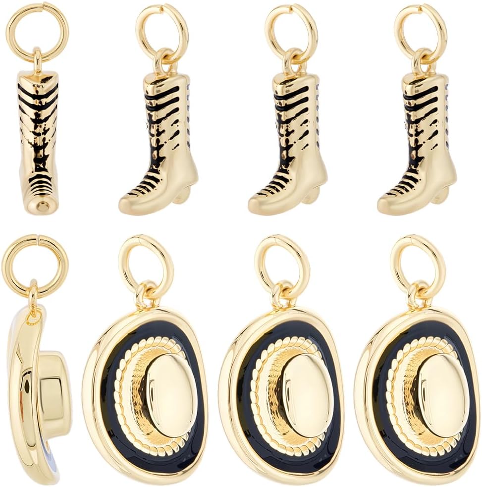 Beebeecraft 8Pcs Cowboy Hat and Boot Charms 18K Gold Plated Brass Antique Vintage Tibetan Western Cowboy Charms with Jump Ring for Jewelry Making Necklace Bracelets Earring Pendants DIY Crafts