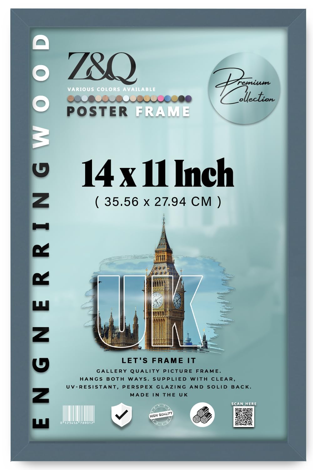 Z&Q - Durable MDF Wood 14 x 11 Inch Poster Frame | Ideal for Art Gallery (35.56 x 27.94 CM) Picture Frame for Home Décor, Art and Wall Décor [ Dark Grey ]