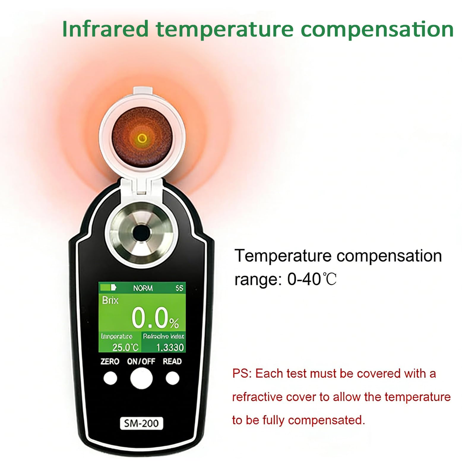 Refractómetro digital Brix para medir la concentración de azúcar de frutas, rango 0-95%, ATC 10-40°C, precisión ±0,2%, ideal para frutas, bebidas y dulces