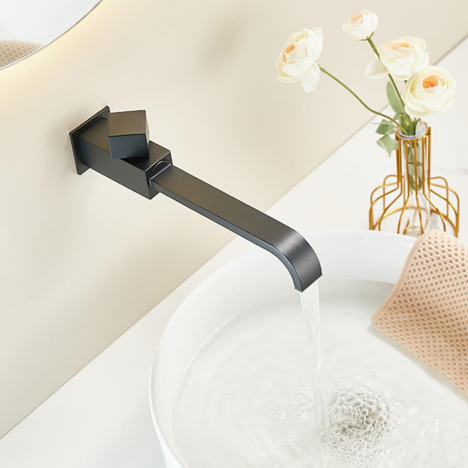 Miscelatore Lavabo Cascata Rotazione a 360° Rubinetto Acqua Fredda a Muro per Bagno,grigio