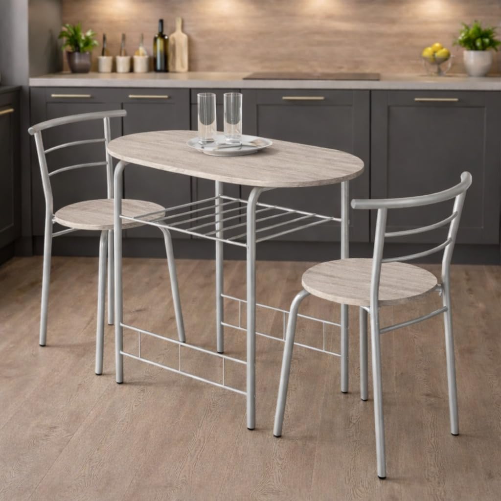 Dining Table and Chairs Set 2 Seater Kitchen Dinning Room Space Saving Dining Set Tables Small Dinner Table Set Indoor Space Saver Metal Frame MDF Wood Top Oak