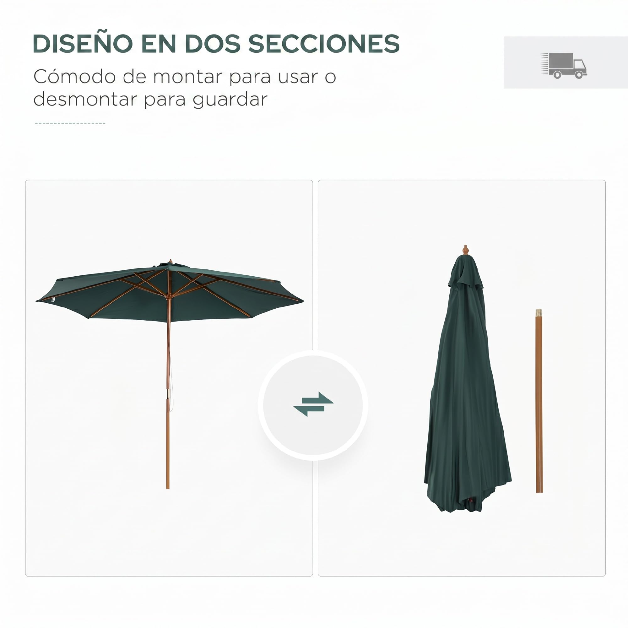 Outsunny Sombrilla Ø300x250 cm Parasol Poste de Madera 8 Varillas Verde | Sistema de Poleas, con Fijación, Jardín Patio Terraza Exterior