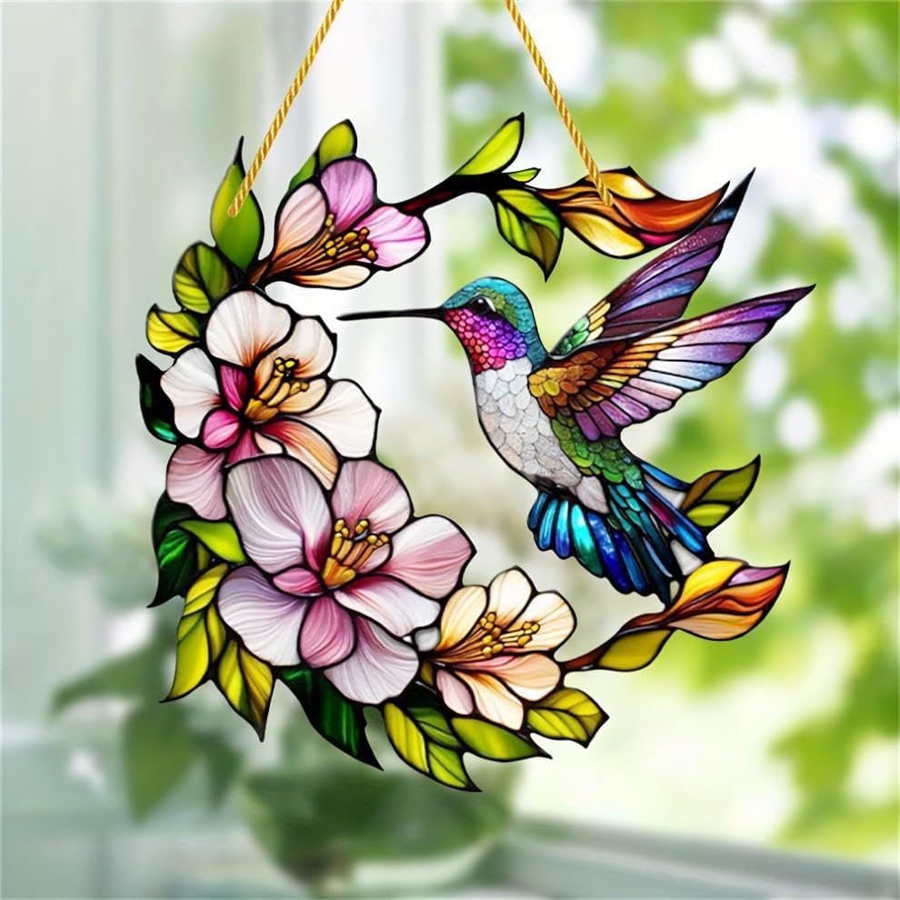 Flowers Hummingbird Stained Window Hanging Ornament, Garden Stained Acrylic Double-Sided Printed Window Panel, Great Gift for Mom Grandma and Birds Lover for Birthday Mother's Day or Housewarming